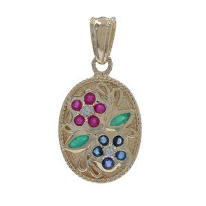 Yellow Gold Emerald Sapphire Ruby Pendant - 14k Marquise .71ctw Flowers